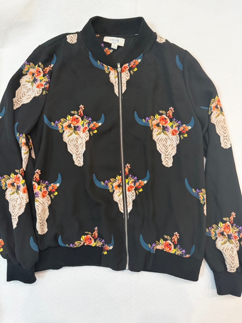 Peach‎ Love California Floral Steer Skull Bomber Jacket Boho Western Zip Size S